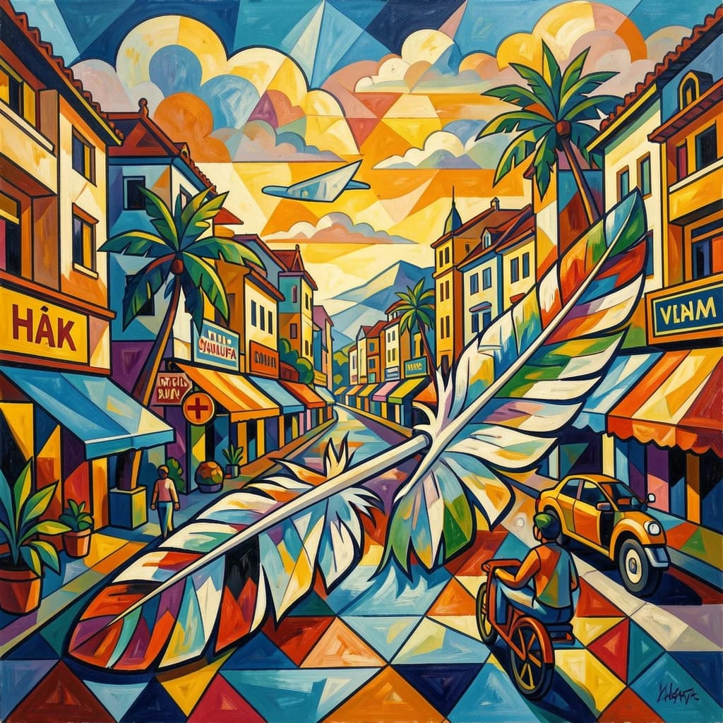 Flight Feather and Catalufa in Hanoi, Vietnam in the style of cubist
