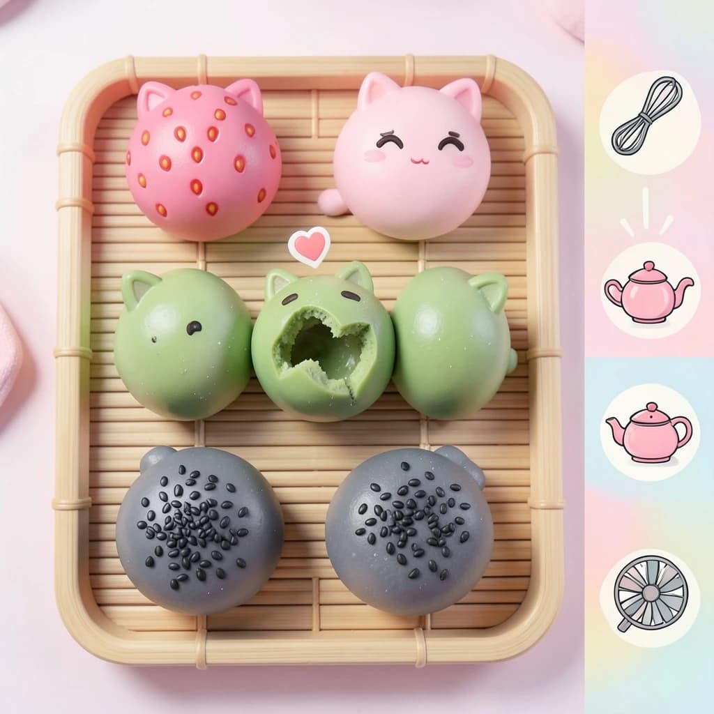 Match three board for a cozy sweets game, cute stylized 3D animation look. Nine mochi in a three by three grid on a bamboo tray: the top row strawberry pink, the middle row matcha green, the bottom row black sesame grey. The center green one has a bite taken out and a small heart icon floating above it. Two of the pink mochi wear tiny cat ears. To the right of the tray, a vertical strip of three power up icons, a whisk, a teapot and a fan. Soft pastel lighting, glossy dusted surfaces.