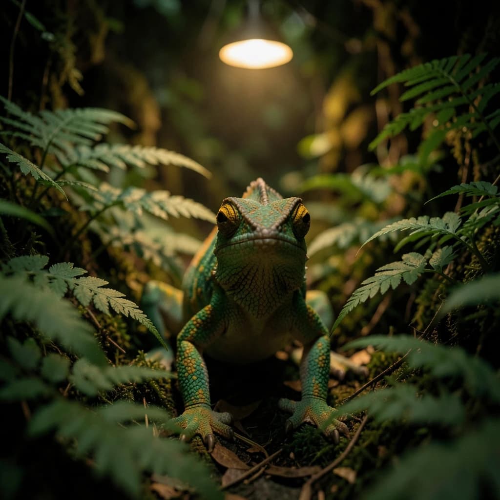 A chameleon half in shadow in a fern-filled ravine, under warm lamplight, symmetrical head-on framing, soft-focus portrait photography style.