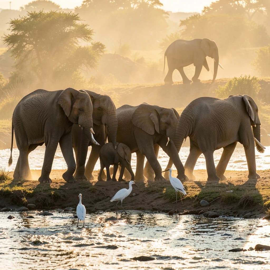 Wildlife photograph for a conservation campaign: a herd crossing a dusty riverbed in low sun. Seven elephants walking left to right, three adults flanking on the outside and two calves tucked between them, one adult trailing at the rear with a broken tusk, and the lead matriarch already up the far bank. Four egrets on the ground, only two of them near the calves. Long shadows, dust haze, nothing written in frame.
