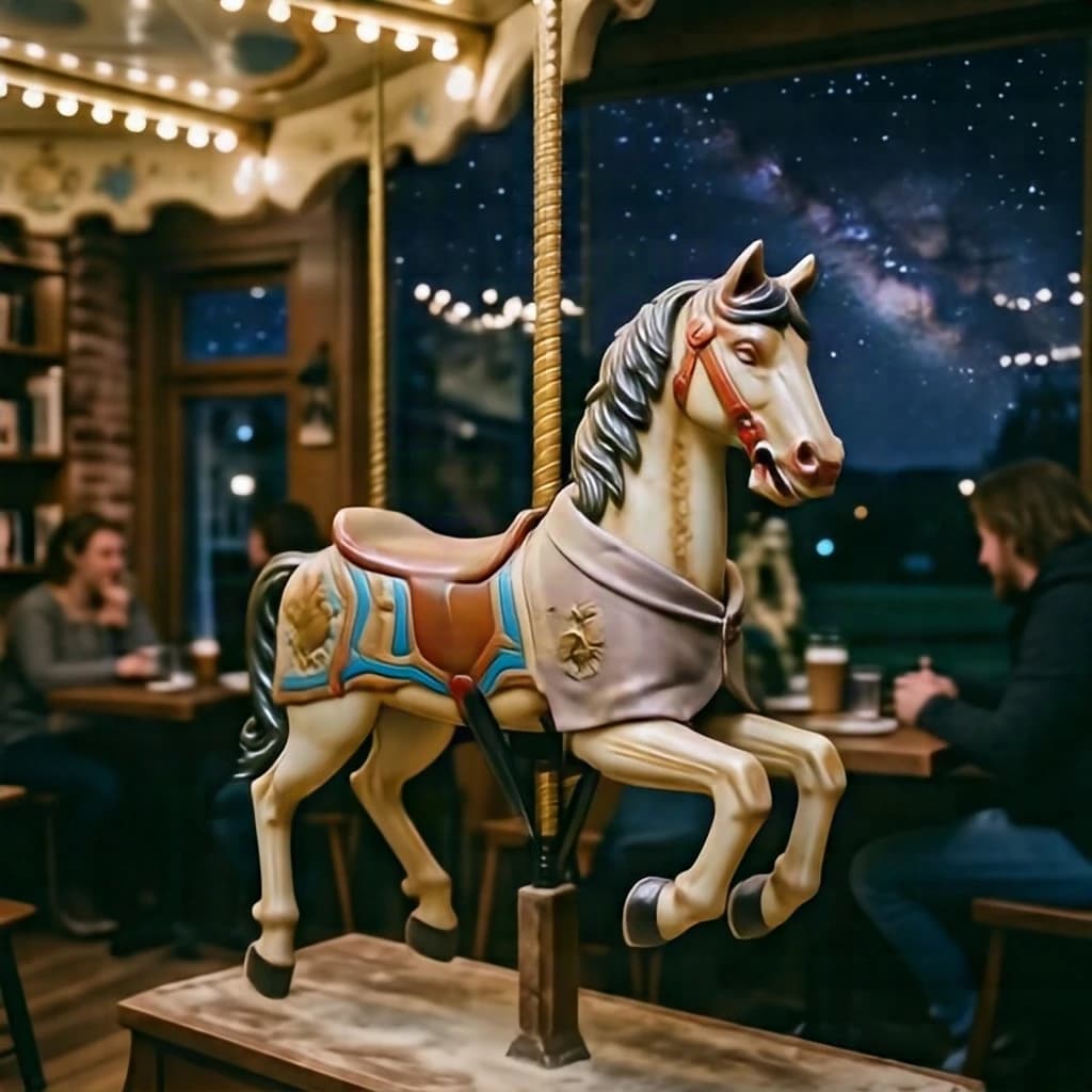 The pause when a carousel horse wears a faint coat of dust, inside a cozy cafe, under a starry night sky.