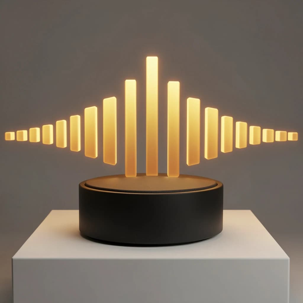 Cinematic 3D render of a matte black speaker puck on a white plinth, with a sound waveform behind it built from fourteen glowing amber bars in a gentle curve, the three tallest centred directly behind the puck and the bars shortening evenly toward both ends.