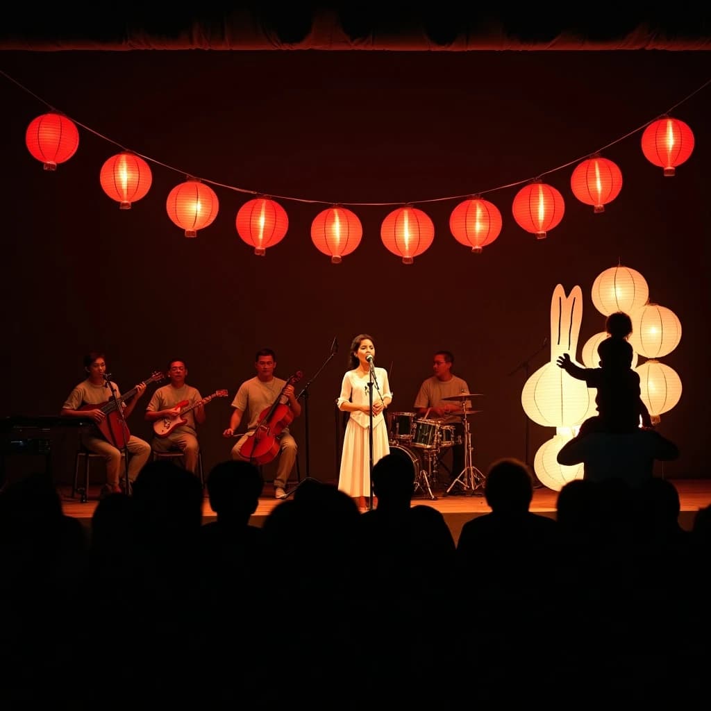 Concert photography, a Mid-Autumn Festival night in a Hong Kong park, shot from inside the crowd toward a low stage lit by warm floods. A singer at the centre microphone holds a note with both hands off the stand; on her left two erhu players sit side by side, on her right a single drummer stands. Eleven paper lanterns hang above the stage, the seven red ones strung in a line and the four white ones clustered at the right end. In the near foreground, out of focus, a child on a father's shoulders holds a rabbit lantern.