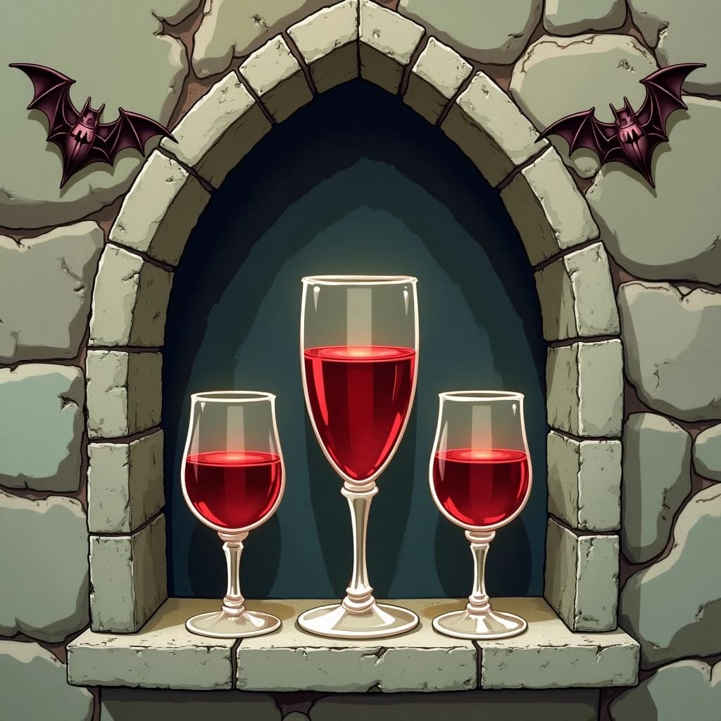 Gothic key-item illustration for a vampire card game: a stone niche with a pointed arch, three goblets on the ledge, the tall center one brimming with red wine, the two squat ones either side bone dry, and a bat hanging from the arch directly above the full goblet.