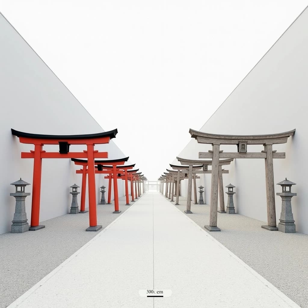 Architectural visualization of a shrine approach, soft daylight, matte grey and white presentation render. A straight gravel path runs from foreground to background under six torii gates set in a line, each gate shorter than the one before it. The four nearest gates are vermilion with black crossbeams; the two farthest are bare weathered timber. A pair of stone lanterns flanks the third gate only. Thin dimension lines mark each gate's clear width in metres, and a title block in the lower left corner reads "Approach Study, Gates 1 to 6".