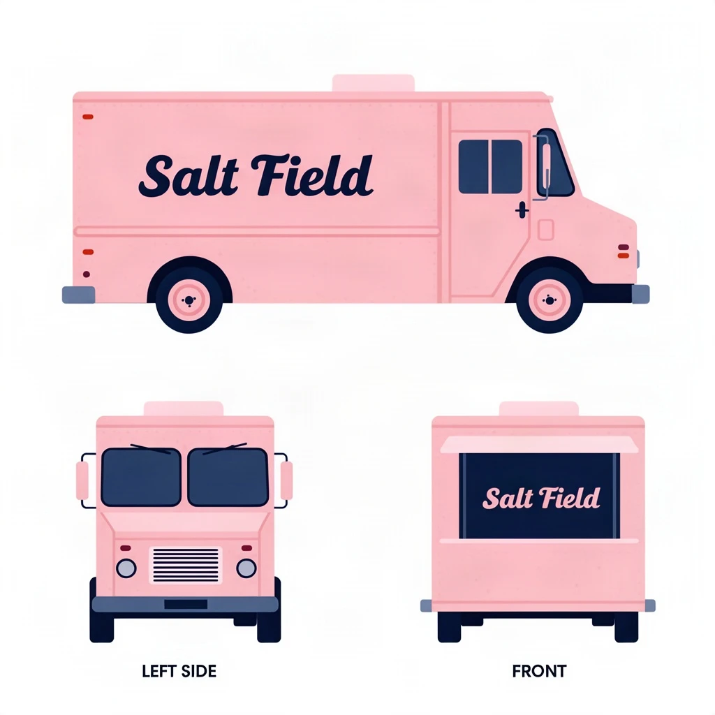 Flat vector illustration of the same food truck drawn in two sides, captioned "left side" and "front", every side carrying the wordmark "Salt Field" in the same pink-and-navy coloring, only the side changing.