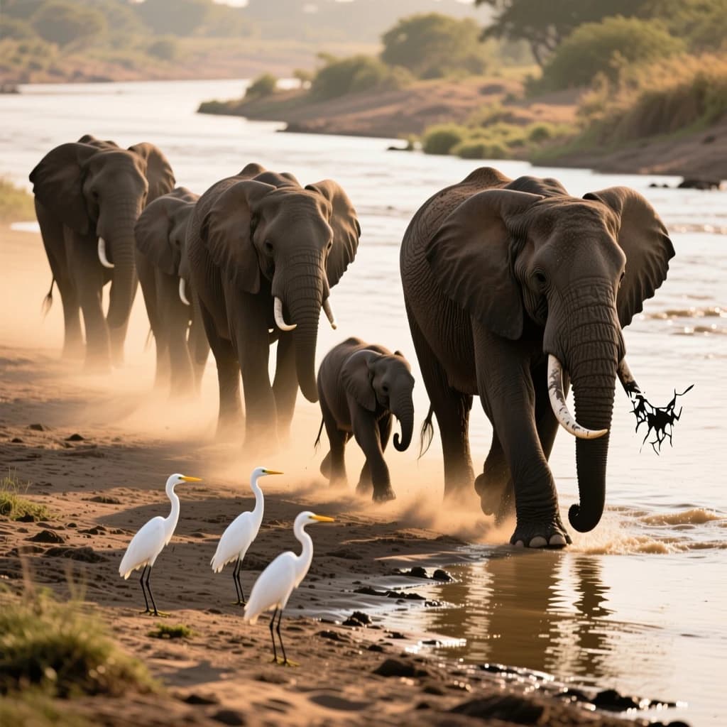 Wildlife photograph for a conservation campaign: a herd crossing a dusty riverbed in low sun. Seven elephants walking left to right, three adults flanking on the outside and two calves tucked between them, one adult trailing at the rear with a broken tusk, and the lead matriarch already up the far bank. Four egrets on the ground, only two of them near the calves. Long shadows, dust haze, nothing written in frame.