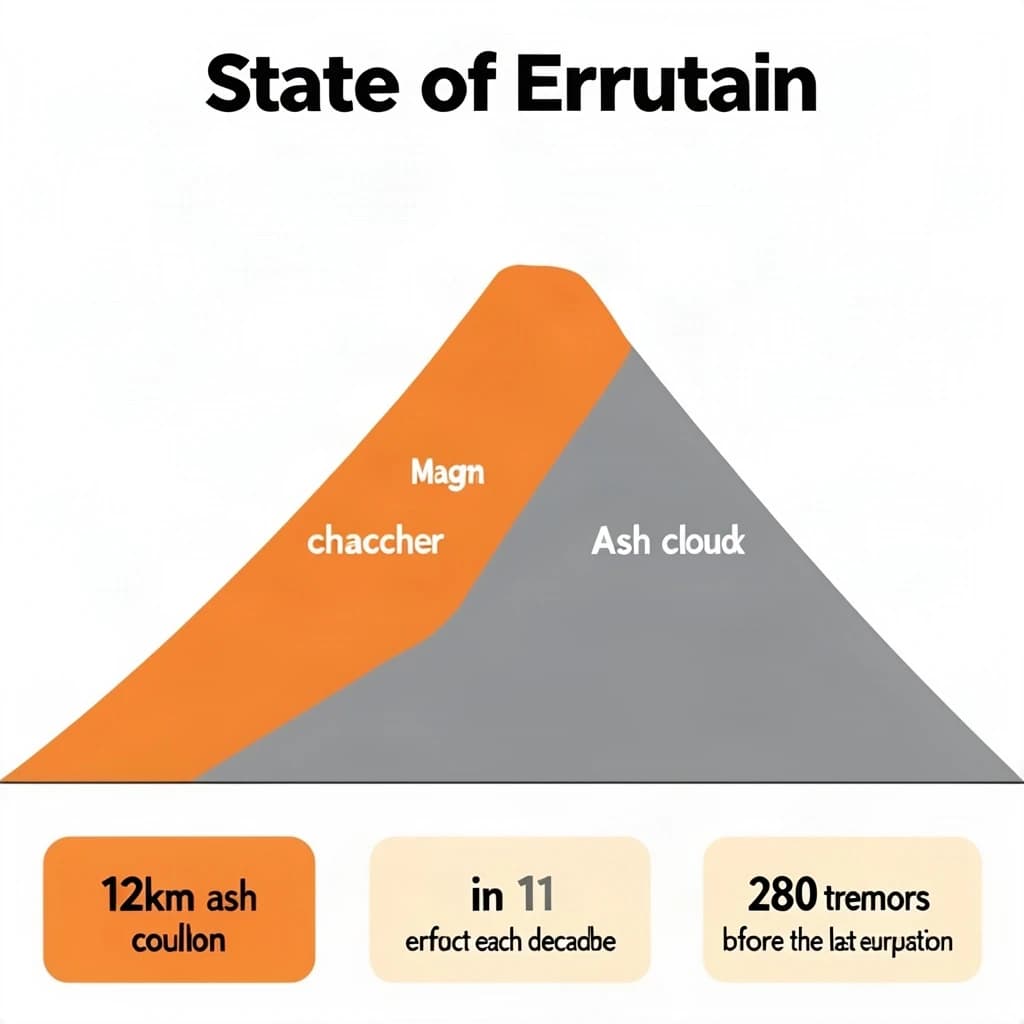 Flat infographic titled "State of Eruption". A simplified hazard map of the slopes sits at the center, carrying two keyed regions, "Magma chamber" shaded orange and "Ash cloud" shaded gray. Three stat chips run down a bottom row, reading "12km ash column", "1 in 11 erupt each decade" and "280 tremors before the last eruption". Each key color matches the shading of the region it names.