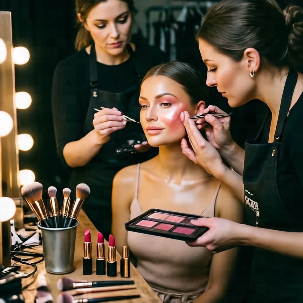 Fashion photograph at a backstage vanity lit by a ring light. A makeup artist in a black apron leans in from the right and blends cream blush into a seated model's cheekbone with her fingers, while a second artist standing behind them holds a lash tray in one hand and tweezers in the other, mid pick. On the counter between them: six brushes standing bristle up in a metal cup, three lipstick bullets lying in a row with their caps off beside them, and one open palette showing two used shades and four untouched. Warm skin tones, glossy highlights, shallow depth of field.