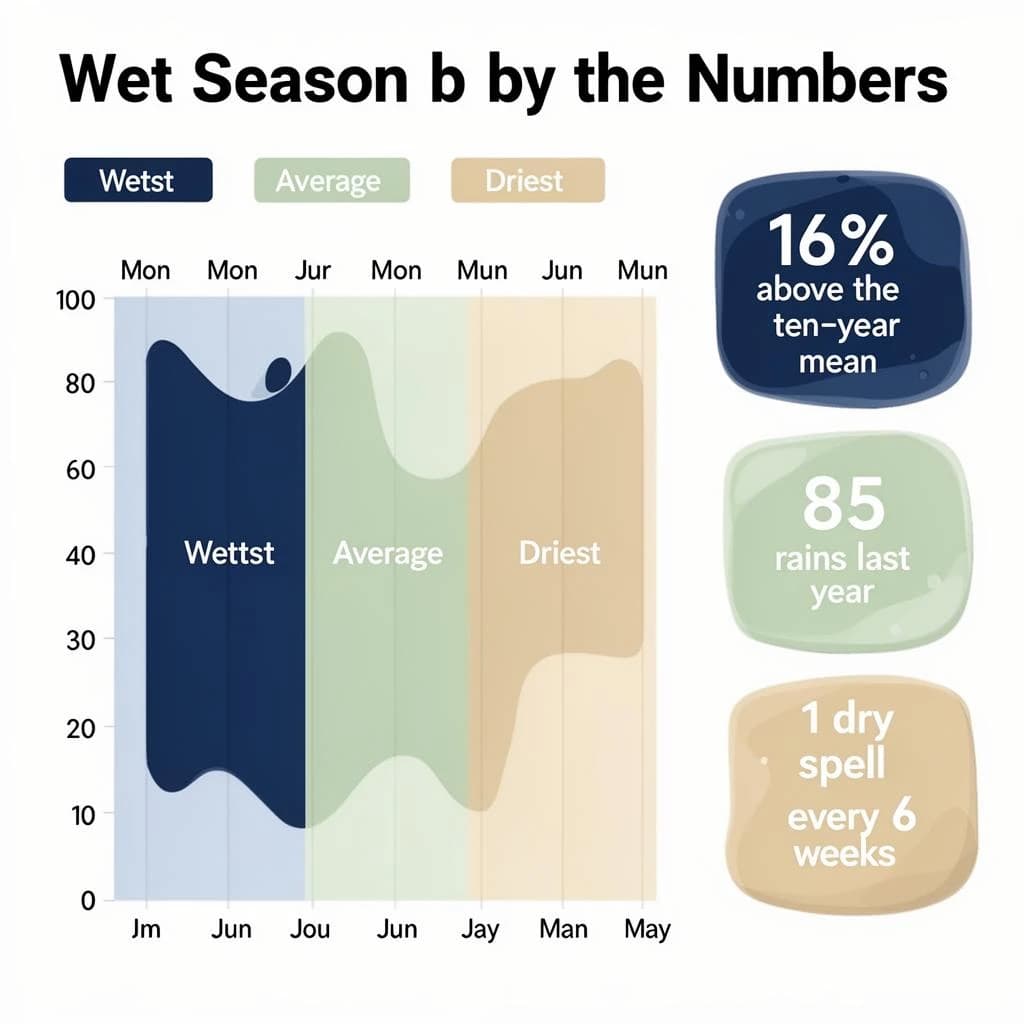 Flat vector illustration titled "Wet Season by the Numbers". A twelve-month rainfall timeline sits at the center, carrying three keyed regions, "Wettest" shaded dark blue, "Average" shaded pale green and "Driest" shaded sand. Three stat chips run down a right column, reading "16% above the ten-year mean", "85 rain days last year" and "1 dry spell every 6 weeks". Each key color matches the shading of the region it names.