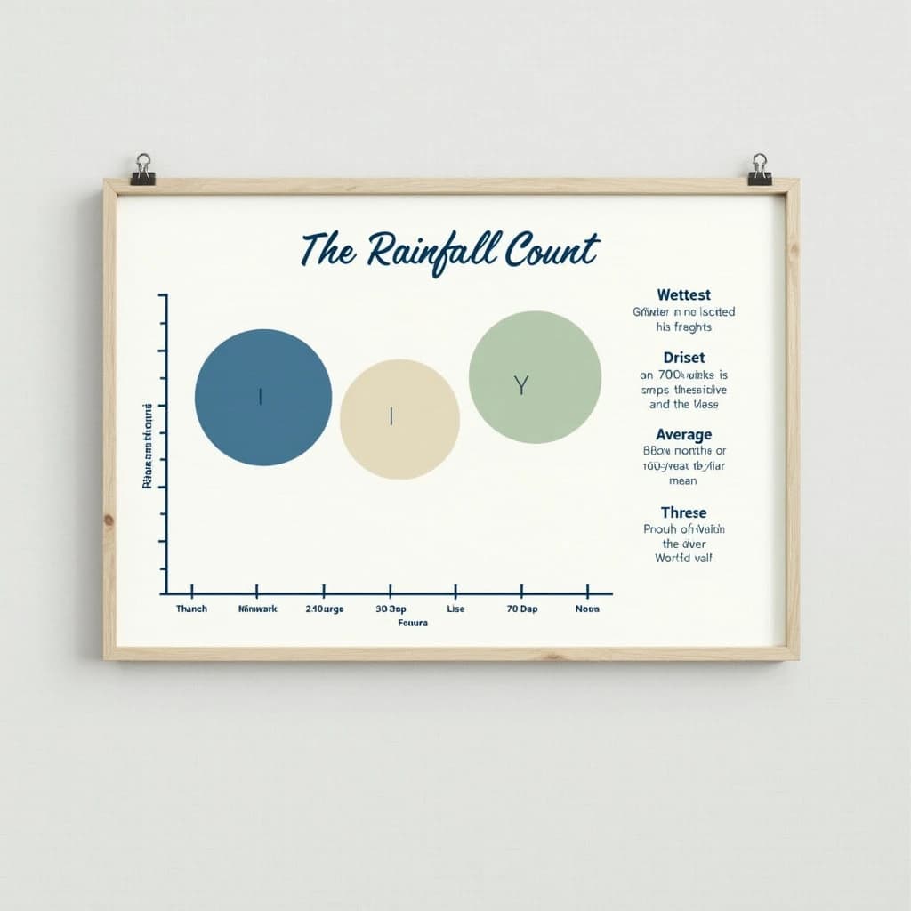 Printed poster titled "The Rainfall Count": at the center a twelve-month rainfall timeline, carrying three keyed regions, "Wettest" shaded dark blue, "Driest" shaded sand and "Average" shaded pale green, beside a right column of three stat chips reading "450mm in the wettest month", "20% above the ten-year mean" and "70 rain days last year".