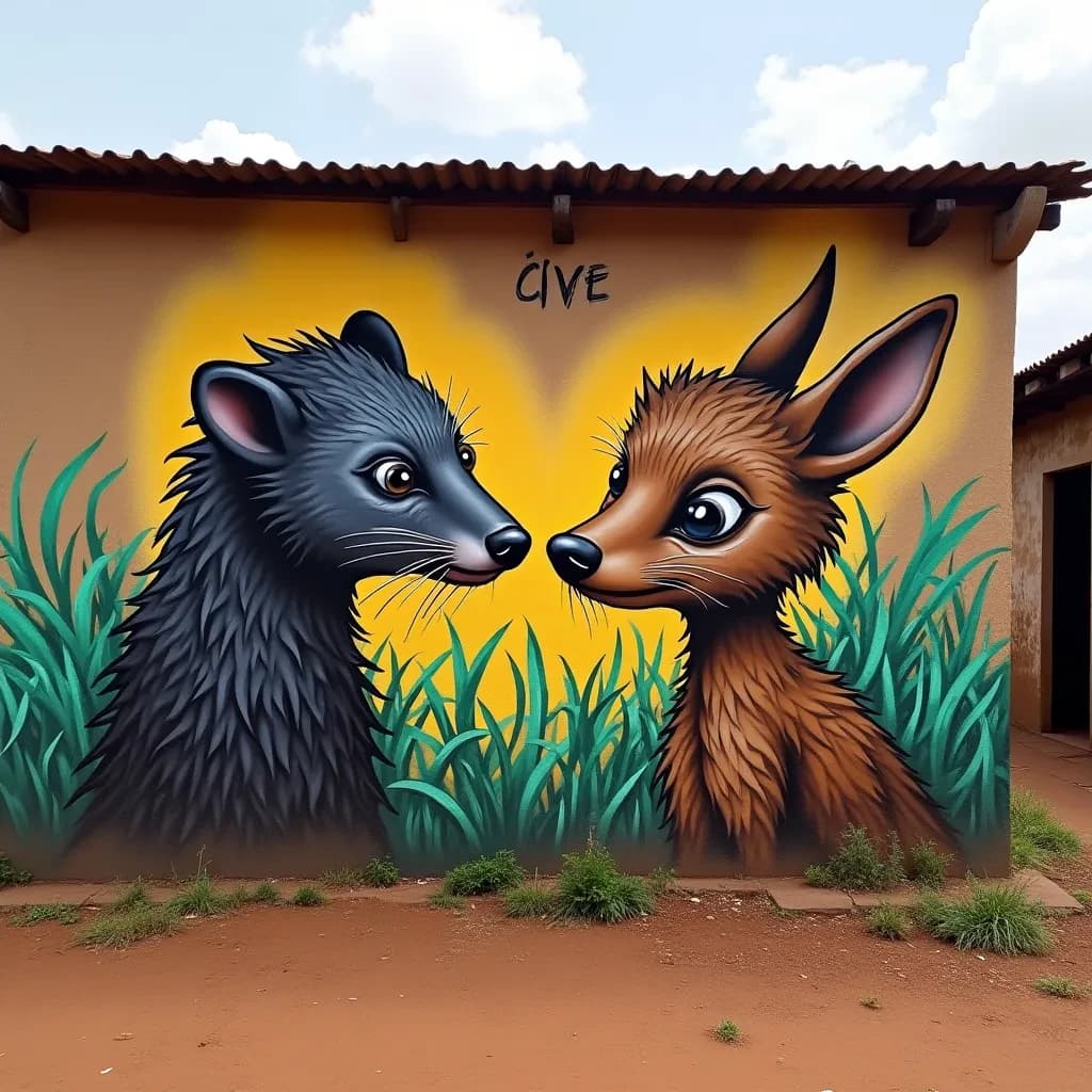 Civet and Aardvark in Yamoussoukro, Côte d'Ivoire in the style of graffiti