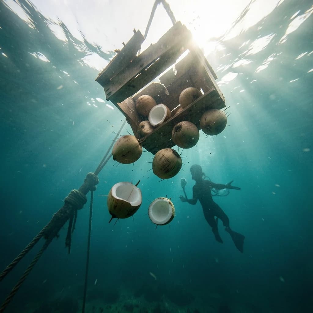 Underwater photography, film still from a castaway feature, shot from six metres down looking up toward the surface. A wooden crate has burst mid-sink: nine coconuts drift out of it, five still husked and pale brown, four split open and white, the split ones sinking faster than the whole ones. The crate hangs above them, lid half torn away, roped to a sunken mast that runs out of frame to the lower left. A swimmer silhouetted against the bright surface reaches down toward the nearest whole coconut, one fin missing. Blue green water column, sunbeams, drifting particles, natural light only.