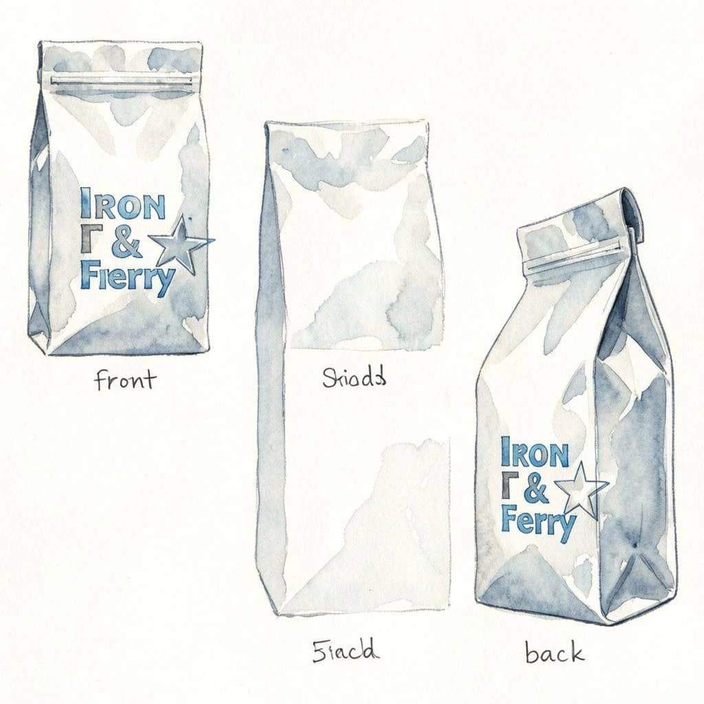 Watercolor of the same coffee bag drawn in three views, captioned "front", "side" and "back", every view carrying the wordmark "Iron & Ferry" with a five-point star outline beside it in the same blue-and-silver coloring, only the angle changing.