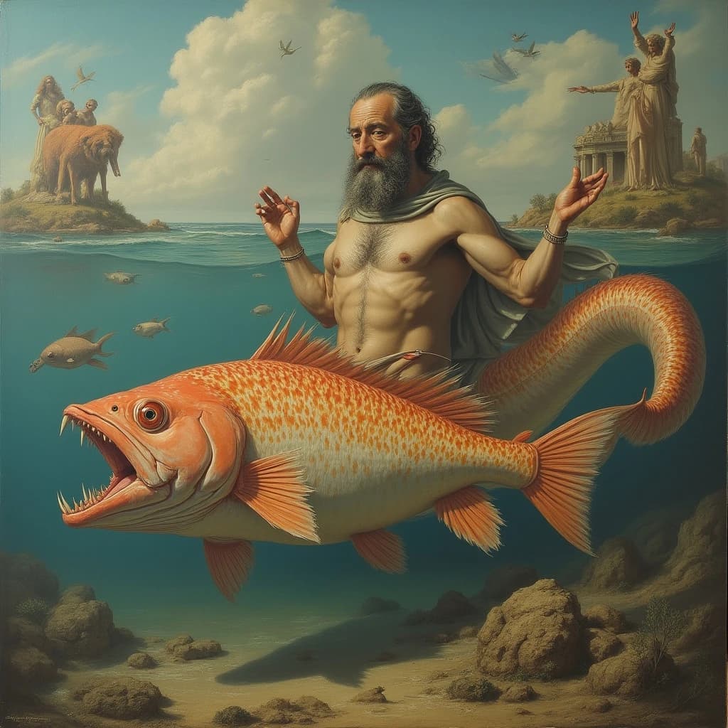 Scapular and Game Fish in Rome, Italy in the style of surrealist