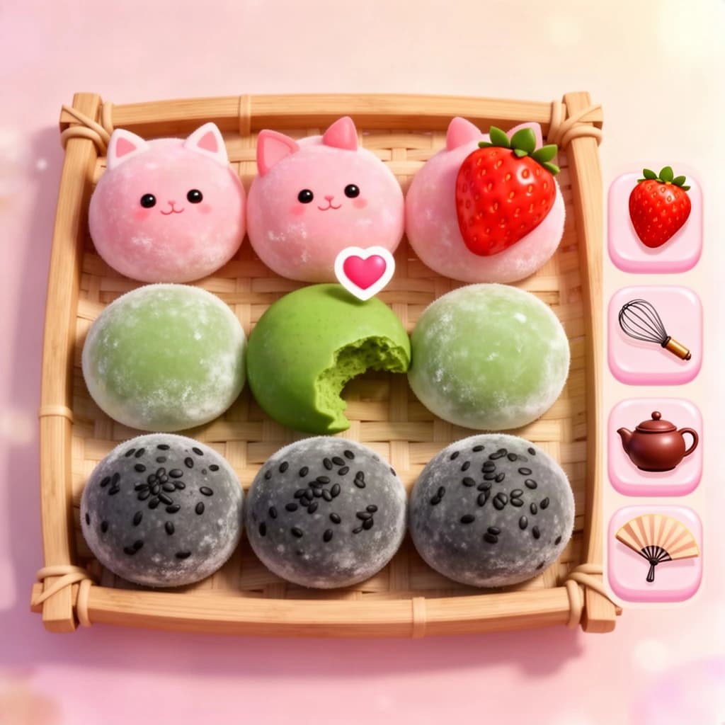 Match three board for a cozy sweets game, cute stylized 3D animation look. Nine mochi in a three by three grid on a bamboo tray: the top row strawberry pink, the middle row matcha green, the bottom row black sesame grey. The center green one has a bite taken out and a small heart icon floating above it. Two of the pink mochi wear tiny cat ears. To the right of the tray, a vertical strip of three power up icons, a whisk, a teapot and a fan. Soft pastel lighting, glossy dusted surfaces.