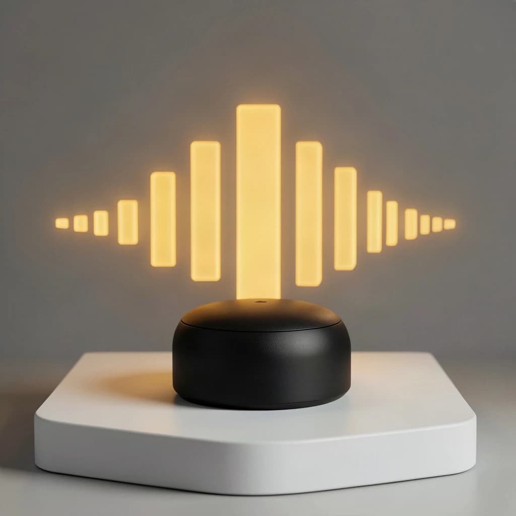 Cinematic 3D render of a matte black speaker puck on a white plinth, with a sound waveform behind it built from fourteen glowing amber bars in a gentle curve, the three tallest centred directly behind the puck and the bars shortening evenly toward both ends.