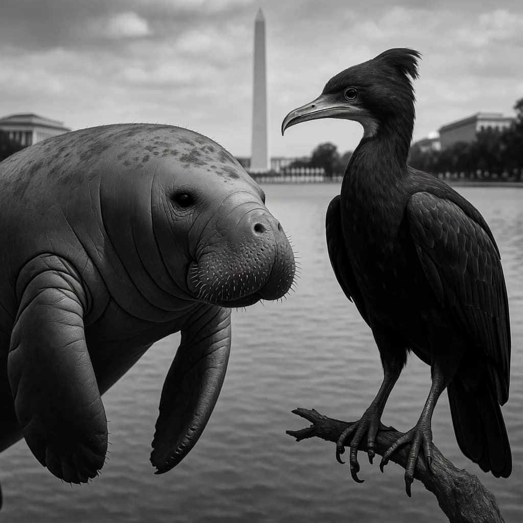 Manatee and Thunderbird in Washington, D.C., United States in the style of black and white