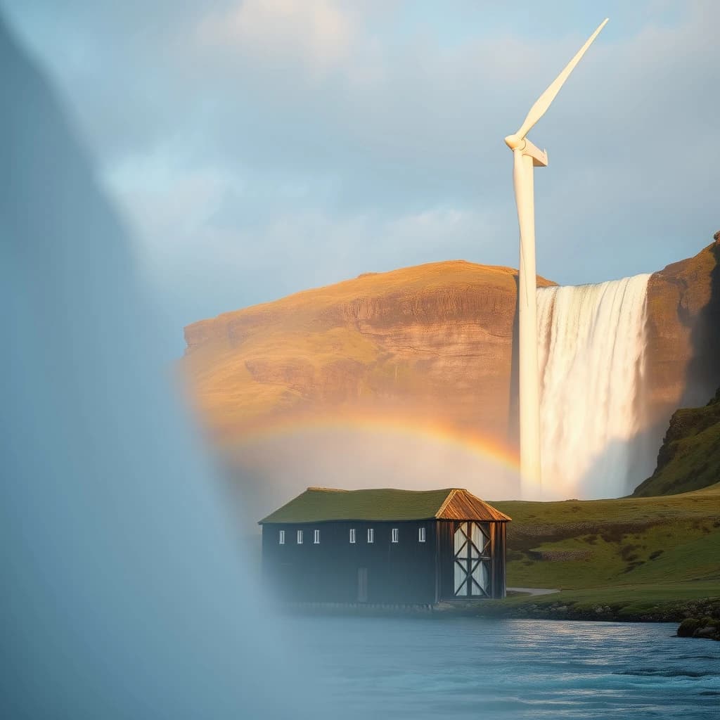 200mm f/1.4 close-up framing of a wind turbine beside a waterfall, lit by bounced light, deep focus, soft pastel color grade