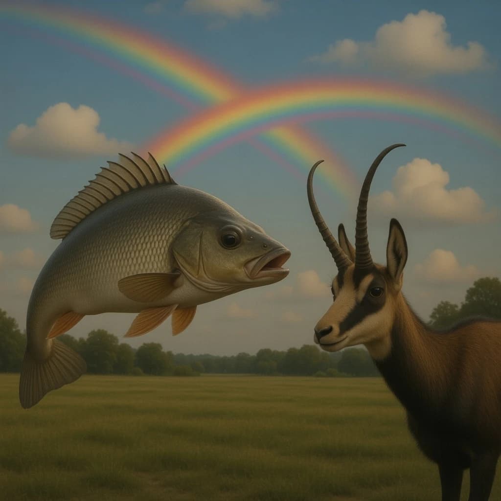 Rainbow Perch and Chamois in Bucharest, Romania in the style of modernist