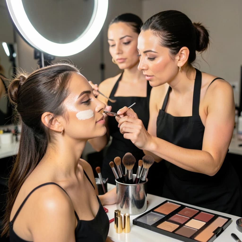 Fashion photograph at a backstage vanity lit by a ring light. A makeup artist in a black apron leans in from the right and blends cream blush into a seated model's cheekbone with her fingers, while a second artist standing behind them holds a lash tray in one hand and tweezers in the other, mid pick. On the counter between them: six brushes standing bristle up in a metal cup, three lipstick bullets lying in a row with their caps off beside them, and one open palette showing two used shades and four untouched. Warm skin tones, glossy highlights, shallow depth of field.
