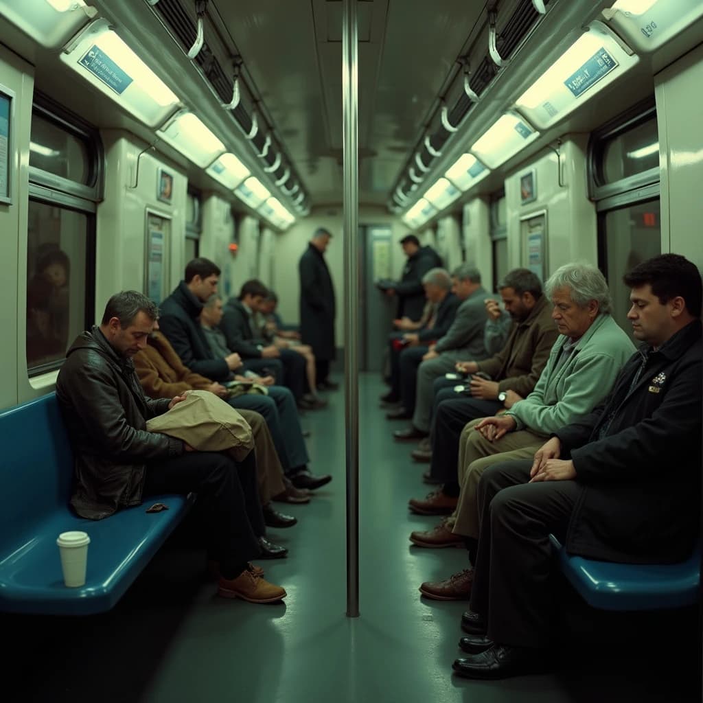 Cinematic photograph inside a late night subway car, handheld, lit only by flickering ceiling strips and orange platform light sliding past the windows. Nine passengers down the car: the three on the left bench all sleep with heads tipped at different angles, the four on the right bench are awake, one folding a paper bag, one holding a bike wheel upright between his knees, one wrapping her own wrist in tape, one staring straight into the lens. Two more stand at the far doors gripping the same pole with a violin case wedged between them. An empty seat beside the nearest sleeper, a coffee cup rolling under it.
