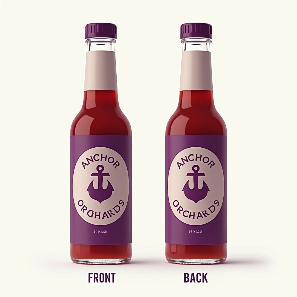 Printed poster: one hot-sauce bottle in two views. The views are captioned "front" and "back" in that order. The wordmark "Anchor Orchard" appears on every view. The purple-and-white coloring is the same across every view, and only the angle changes.
