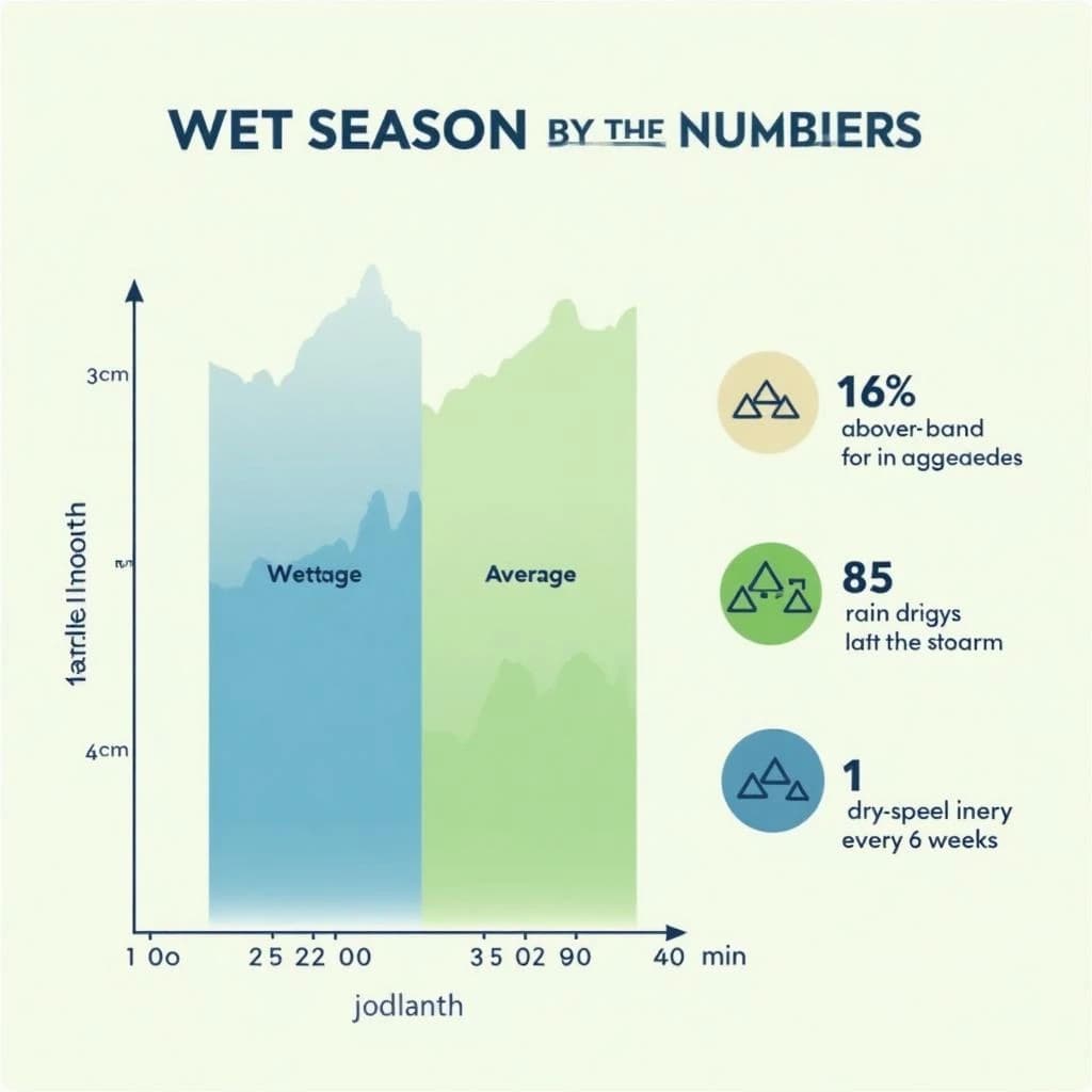 Flat vector illustration titled "Wet Season by the Numbers". A twelve-month rainfall timeline sits at the center, carrying three keyed regions, "Wettest" shaded dark blue, "Average" shaded pale green and "Driest" shaded sand. Three stat chips run down a right column, reading "16% above the ten-year mean", "85 rain days last year" and "1 dry spell every 6 weeks". Each key color matches the shading of the region it names.