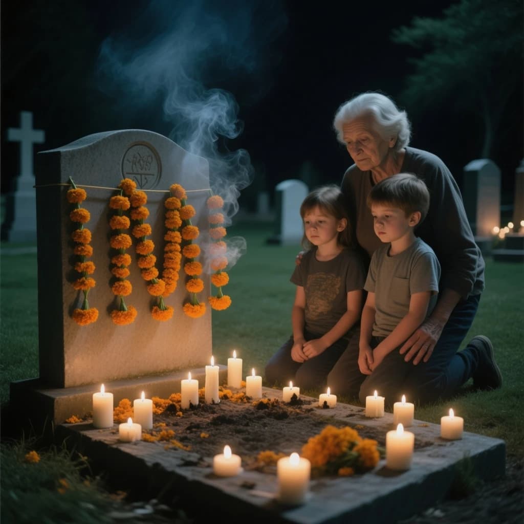Photojournalism frame from a cemetery vigil at night: one grave slab carrying seven marigold garlands and nine lit candles, three of the candles guttered out and smoking, a grandmother and two children kneeling along the near edge.