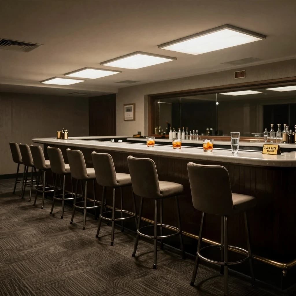 Liminal space photograph of a hotel bar at four in the morning, humming fluorescent ceiling panels, patterned carpet running off frame, nobody in sight. Eleven identical barstools stand in one unbroken row along the counter, only the fifth pulled out and turned. Three finished old fashioneds sit spaced along the bar, each down to melted ice and a single orange peel, and a fourth glass, freshly poured and still clear, waits at the far end beside a small brass sign reading "THE LATE ROOM".
