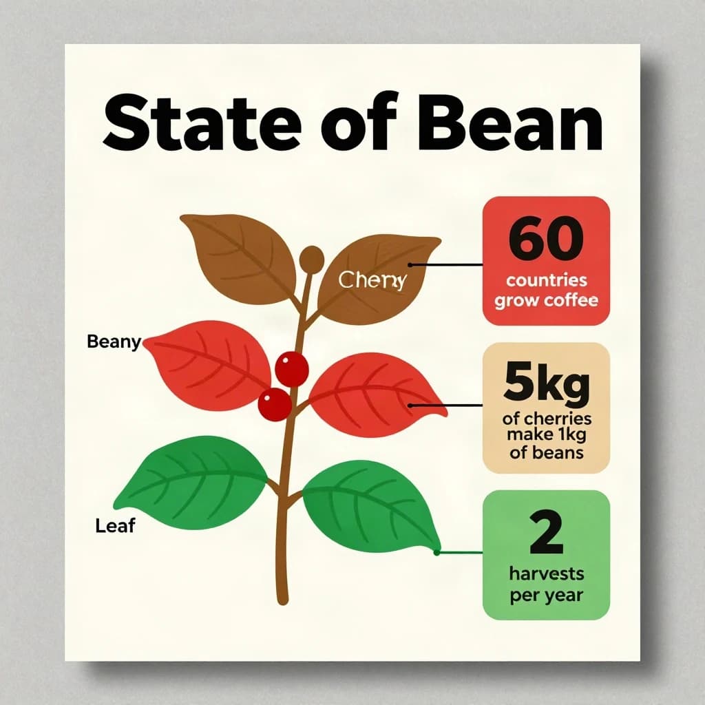 Printed poster titled "State of Bean": at the center a labeled coffee-plant diagram, carrying three keyed regions, "Bean" shaded brown, "Cherry" shaded red and "Leaf" shaded green, beside a right column of three stat chips reading "60 countries grow coffee", "5kg of cherries make 1kg of beans" and "2 harvests per year".