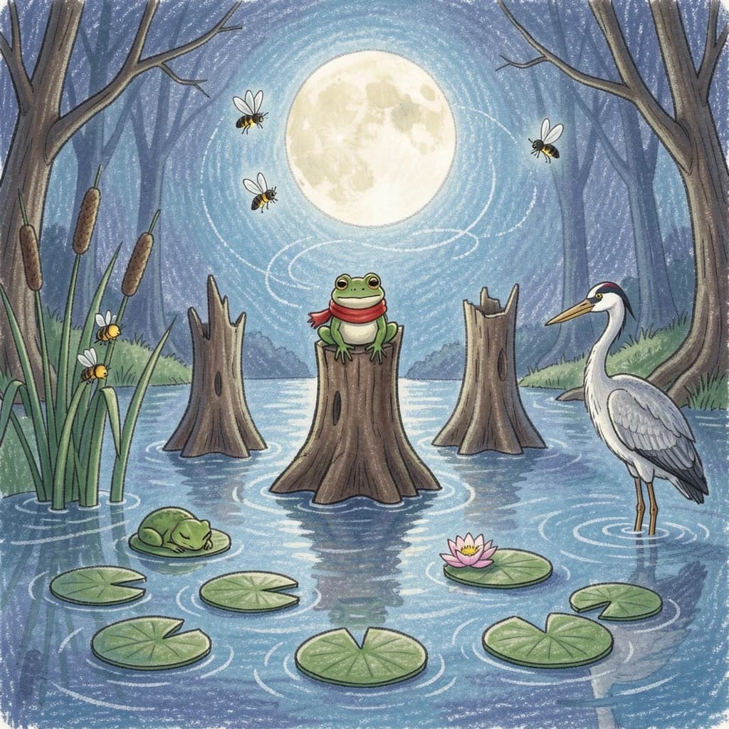 Story card in soft children's book illustration with crayon texture. A moonlit swamp with three cypress stumps in a row across the water. A small green frog in a red scarf sits on the middle stump. Two fireflies circle above his head while four more sit sleeping on the reeds to the left. A heron stands knee deep at the right edge, looking away from the frog. Nine lily pads float across the foreground, only one of them carrying a flower.