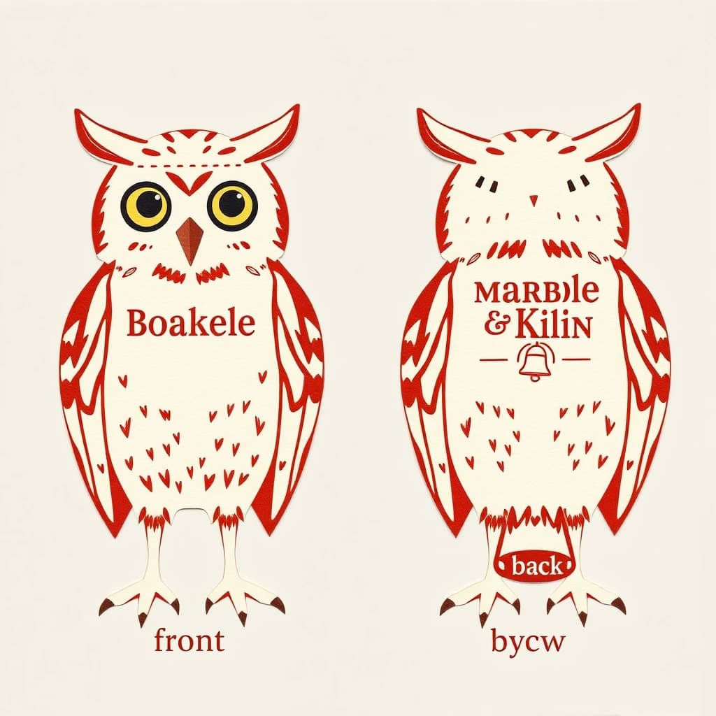 Cut-paper collage of the same bookstore owl mascot drawn in three views, captioned "front", "side" and "back", every view carrying the wordmark "Marble & Kiln" with a small bell outline beside it in the same red-and-cream coloring, only the angle changing.
