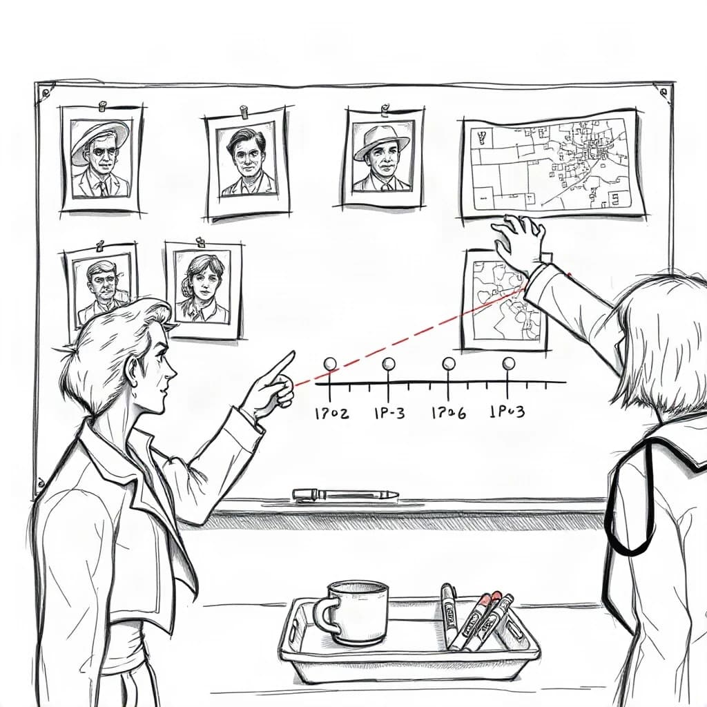 Rough storyboard panel in loose graphite sketch style for a detective game cutscene. A precinct whiteboard fills the wall: six pinned photographs in two rows of three, red string linking the leftmost photo of the top row to the middle photo of the bottom row and on to a map tacked at the right edge. Three magnets hold a timeline strip along the bottom of the board. In front of it two detectives, the seated one pointing at the map while the standing one wipes the upper right corner clean with her sleeve. A mug and four markers sit in the tray, one marker uncapped. Quick hatching, smudged shading, no color.