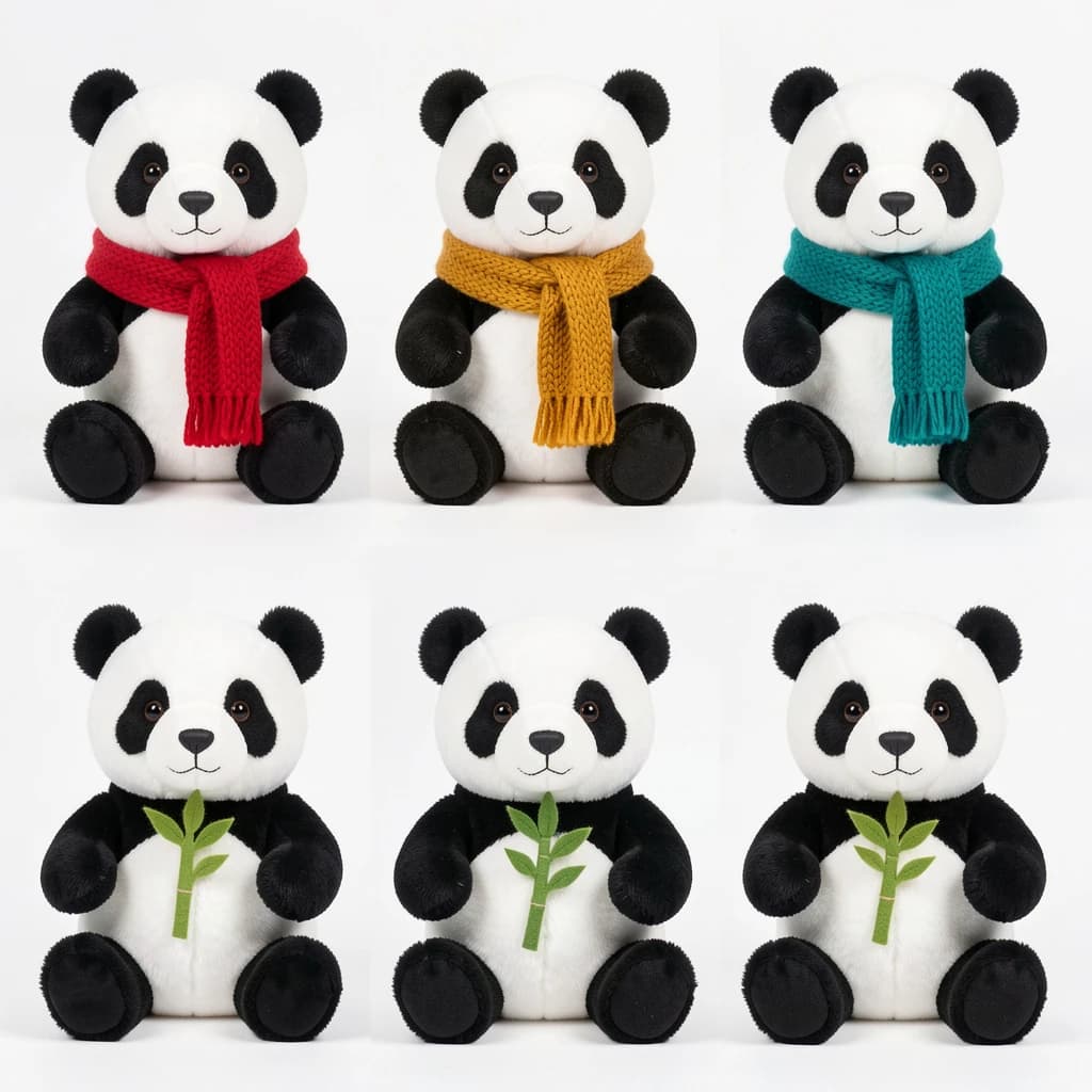 Studio product photography, plain white variant grid: six panda plushes in two rows of three, all seated facing camera. The top row wears knit scarves in red, mustard and teal. The bottom three wear no scarves, each holding a small felt bamboo shoot.