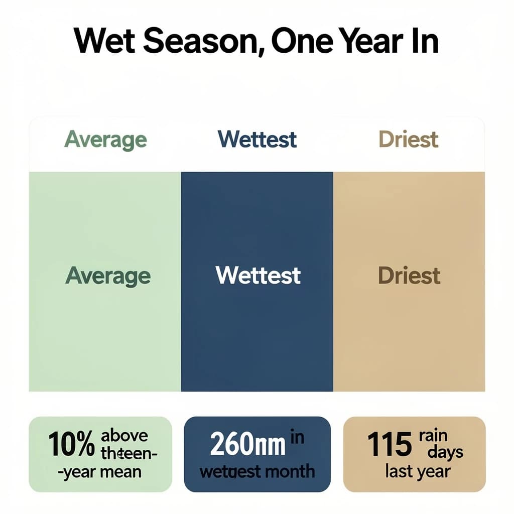 Flat vector illustration titled "Wet Season, One Year In". A twelve-month rainfall timeline sits at the center, carrying three keyed regions, "Average" shaded pale green, "Wettest" shaded dark blue and "Driest" shaded sand. Three stat chips run down a bottom row, reading "10% above the ten-year mean", "260mm in the wettest month" and "115 rain days last year". Each key color matches the shading of the region it names.