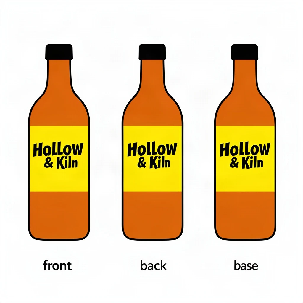 Flat vector illustration of the same hot-sauce bottle drawn in three views, captioned "front", "back" and "base", every view carrying the wordmark "Hollow & Kiln" in the same black-and-yellow coloring, only the angle changing.