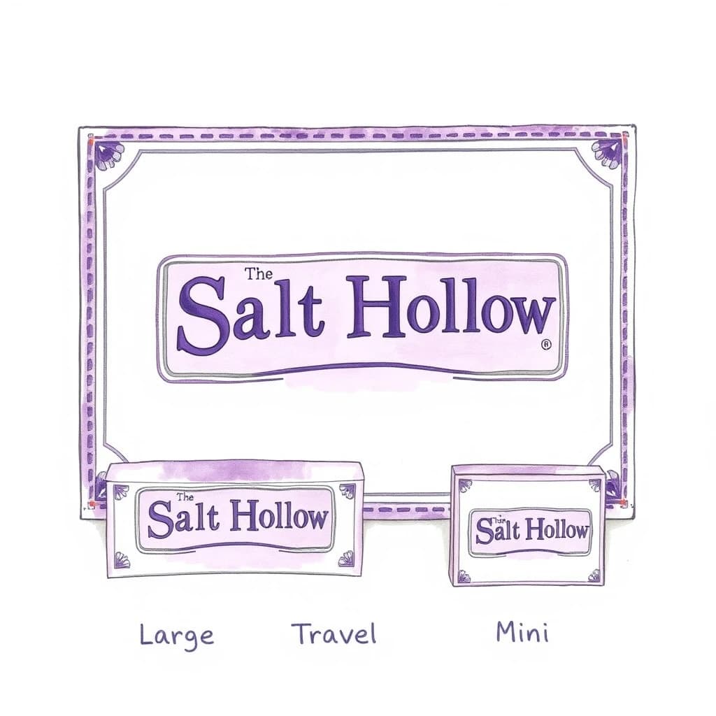 Watercolor of the same board-game box drawn in three editions, captioned "Large", "Travel" and "Mini", every edition carrying the wordmark "The Salt Hollow" in the same purple-and-white coloring, only the box size changing.