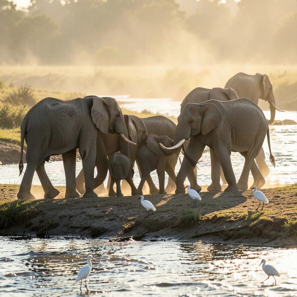 Wildlife photograph for a conservation campaign: a herd crossing a dusty riverbed in low sun. Seven elephants walking left to right, three adults flanking on the outside and two calves tucked between them, one adult trailing at the rear with a broken tusk, and the lead matriarch already up the far bank. Four egrets on the ground, only two of them near the calves. Long shadows, dust haze, nothing written in frame.