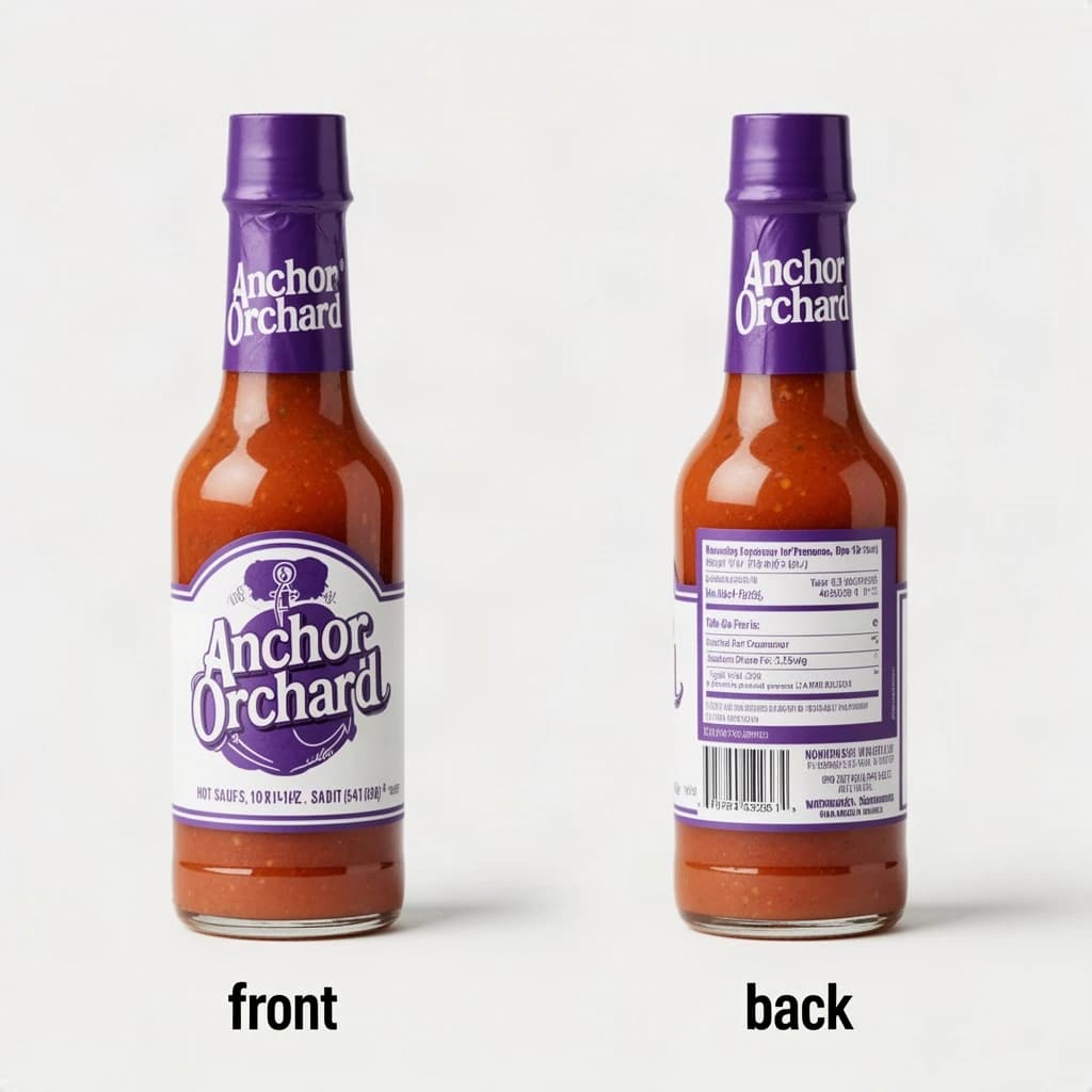 Printed poster: one hot-sauce bottle in two views. The views are captioned "front" and "back" in that order. The wordmark "Anchor Orchard" appears on every view. The purple-and-white coloring is the same across every view, and only the angle changes.