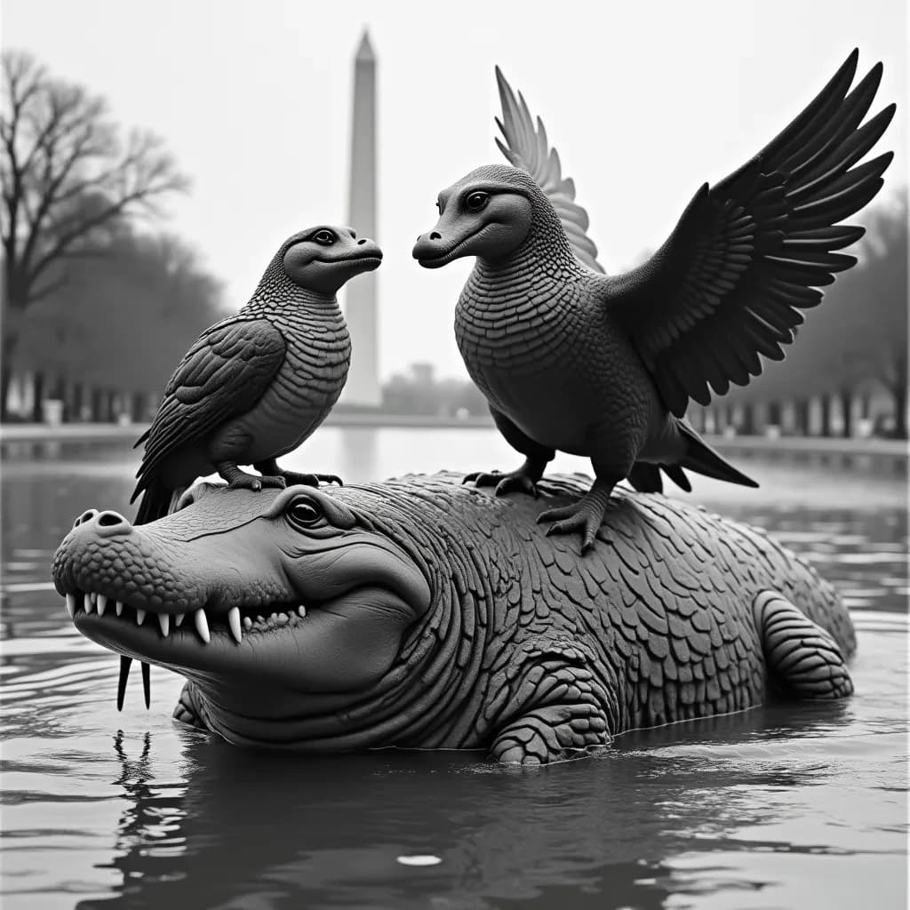Manatee and Thunderbird in Washington, D.C., United States in the style of black and white