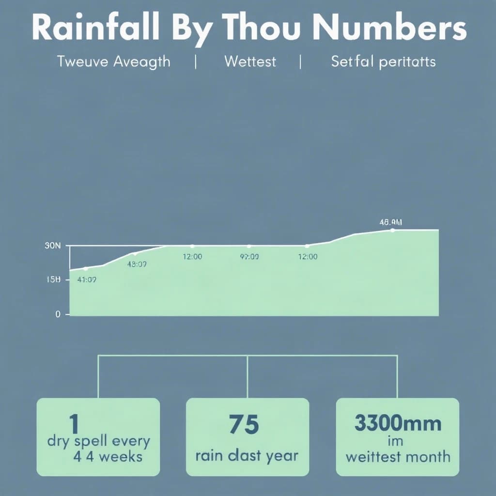 Flat infographic titled "Rainfall by the Numbers": at the center a twelve-month rainfall timeline, carrying two keyed regions, "Average" shaded pale green and "Wettest" shaded dark blue, beside a bottom row of three stat chips reading "1 dry spell every 4 weeks", "175 rain days last year" and "380mm in the wettest month".
