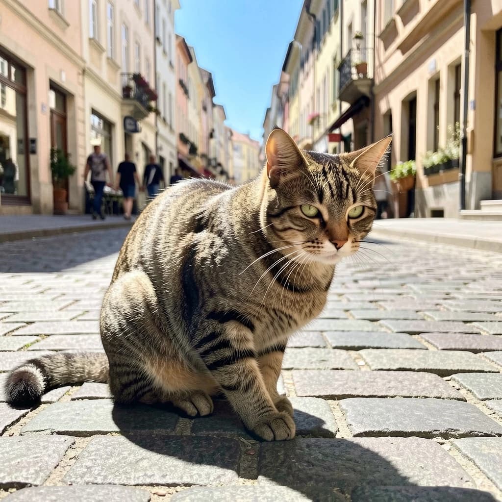 The instant a tabby cat gathers the color of the surrounding sky, on a cobblestone street, in bright midday sun.