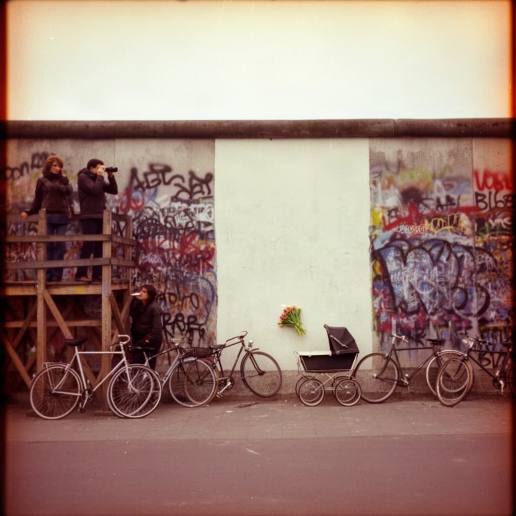 Shot on 1970s Kodachrome era color film, warm grain and slightly faded reds. A stretch of the Berlin Wall on a grey afternoon, covered in overlapping graffiti with one clean unpainted panel in the middle. Three people stand on a wooden viewing platform at the left, two of them looking over the top through binoculars while the third has turned back toward the camera with a cigarette. Four bicycles lean along the base of the wall, three upright and one fallen on its side. A pram is parked below the clean panel with a small bunch of tulips wedged into a crack above it. No cars in the frame.