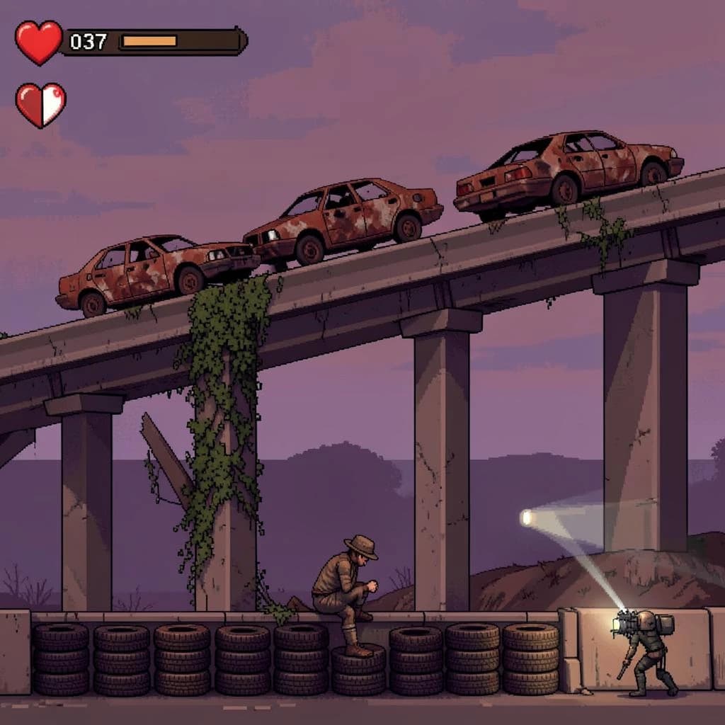 Side-scrolling pixel art screenshot from a post-apocalyptic survival platformer, dusk palette of rust and violet. A collapsed highway overpass cuts diagonally across the frame on four concrete support pillars, the second from the left snapped in half and wrapped in vines. On the deck above sit three burnt-out cars nose to tail, only the middle one still upright. Below, the player crouches behind a barricade of five stacked tires while two scavenger drones sweep flashlight cones in from the right. Top-left interface: three heart icons with the last half empty, a scrap counter reading "037", and a thin compass strip.