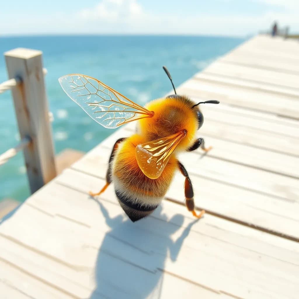 A honeybee seen from the back on a seaside boardwalk, in bright midday sun, overhead flat lay, watercolor style.