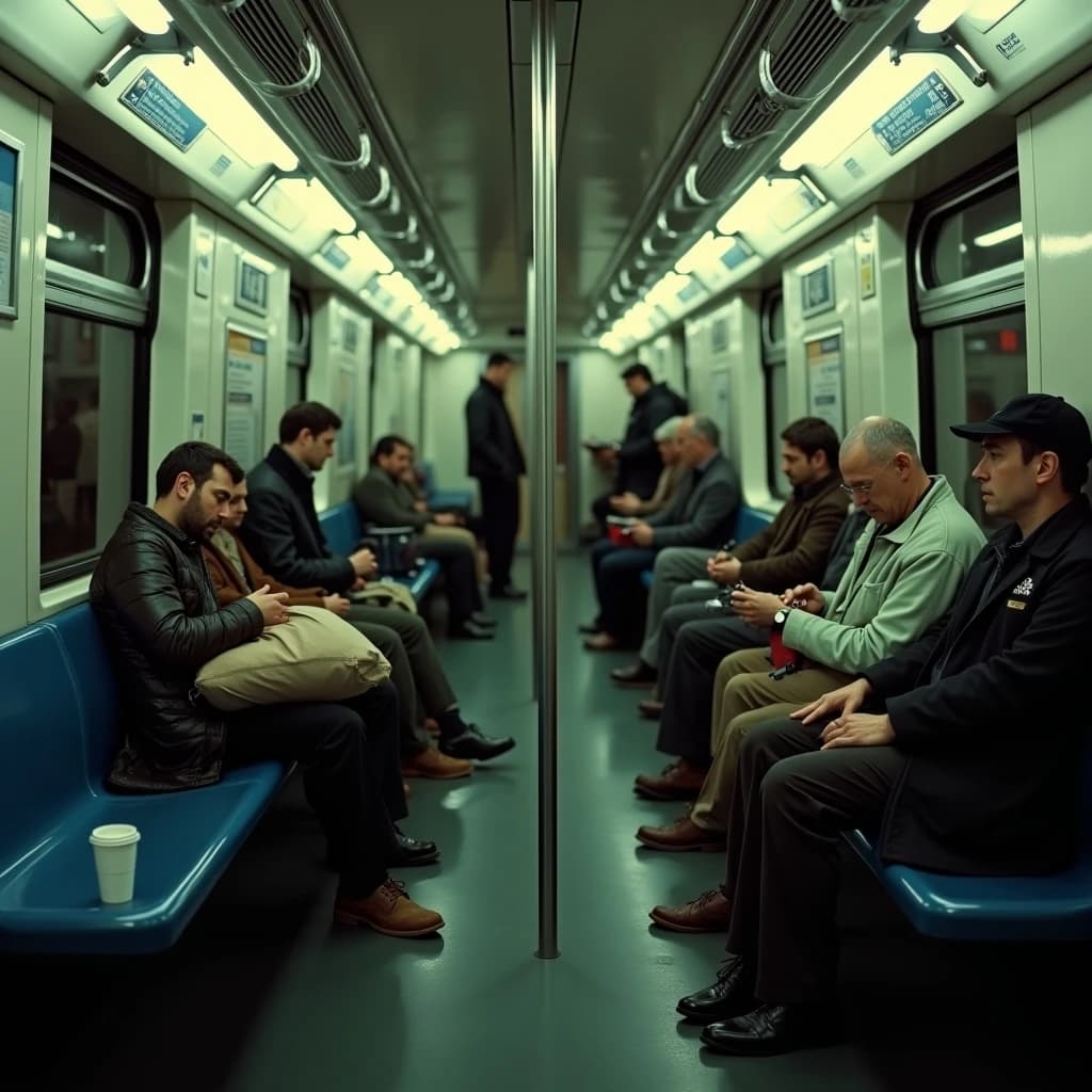 Cinematic photograph inside a late night subway car, handheld, lit only by flickering ceiling strips and orange platform light sliding past the windows. Nine passengers down the car: the three on the left bench all sleep with heads tipped at different angles, the four on the right bench are awake, one folding a paper bag, one holding a bike wheel upright between his knees, one wrapping her own wrist in tape, one staring straight into the lens. Two more stand at the far doors gripping the same pole with a violin case wedged between them. An empty seat beside the nearest sleeper, a coffee cup rolling under it.