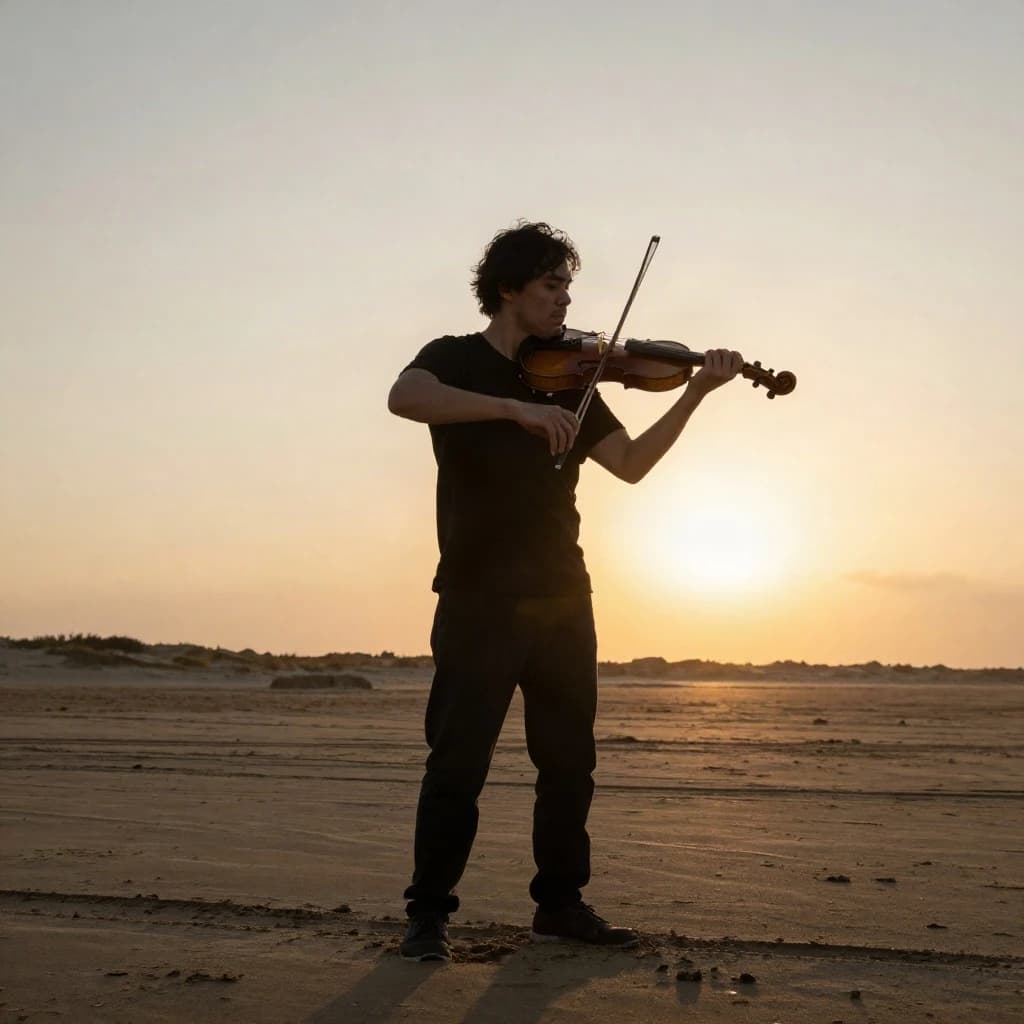 still violinist on open sand, sunset