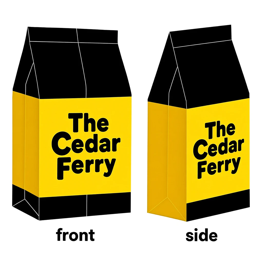 Cut-paper collage: one coffee bag in two views. The views are captioned "front" and "side" in that order. The wordmark "The Cedar Ferry" appears on every view. The black-and-yellow coloring is the same across every view, and only the angle changes.