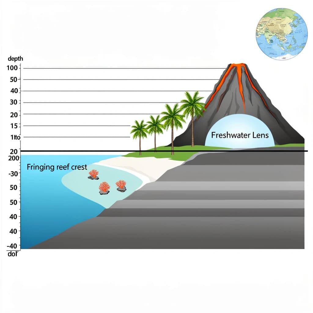 Cross section of a volcanic tropical island as a flat academic figure with clean colour blocks and a horizontal sea level line. Reading from the ocean on the left toward the right: a fringing reef crest, a shallow lagoon holding three coral heads, a white sand beach, a coconut palm belt of five trees, then a rising basalt cone with two lava layers picked out in darker grey, and a freshwater lens drawn as a pale blue dome under the middle of the island. Below sea level the flanks drop in three stepped terraces to a flat deep floor. Eight leader line labels, a depth scale down the left edge, and a small locator inset in the top right.